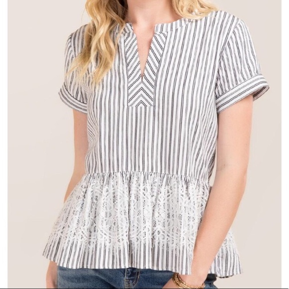 BLUE RAIN STRIPED PEPLUM TOP WITH LACE